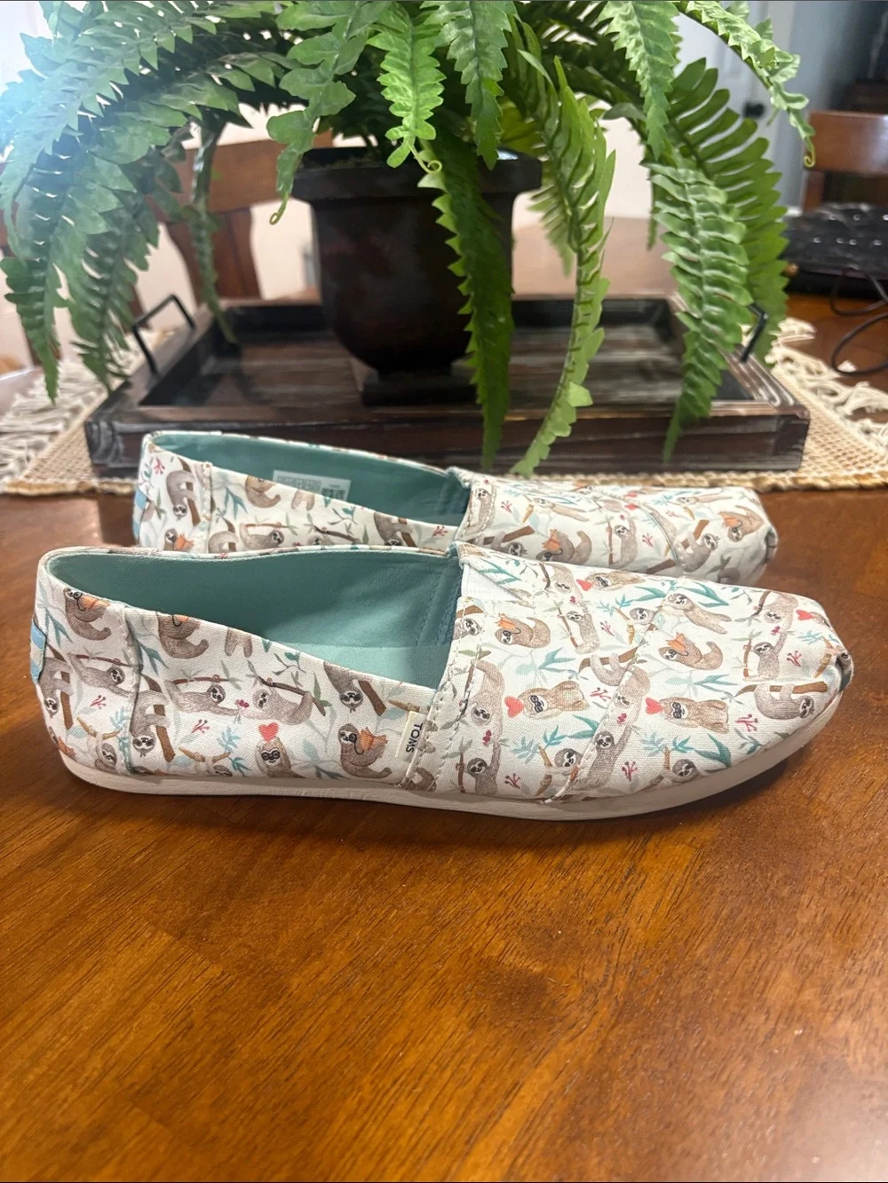 Toms Slip-On Flats in Cream with Teal Insole and Sloth Print